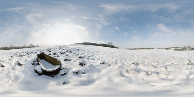 Bathtub in snowy field near East Farndon 360° Panorama