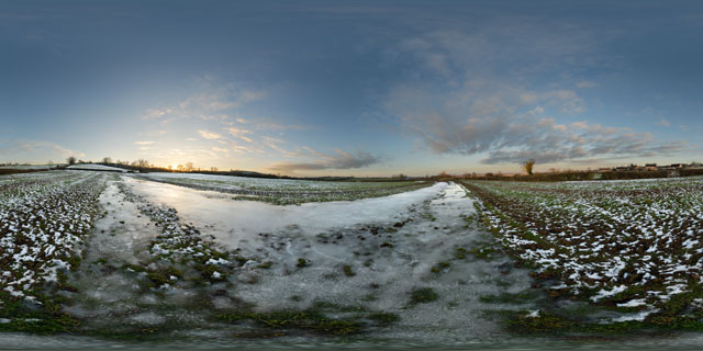 Frozen puddle in field near East Farndon 360° Panorama