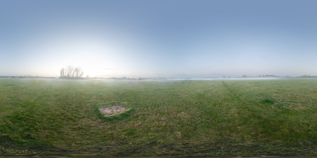 Grassy field and autumn mist 360° Panorama