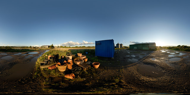 Old pots and farm building 360° Panorama