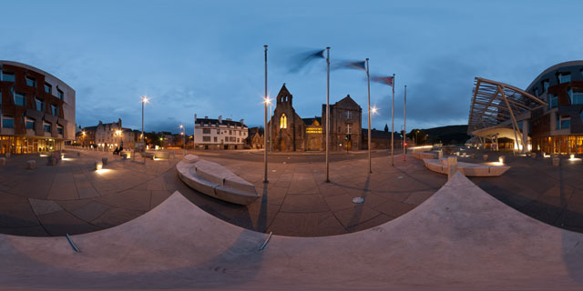 Scottish Parliament building at night, Edinburgh 360° Panorama