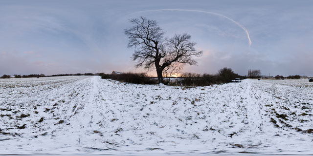 Snowy field at twilight 360° Panorama