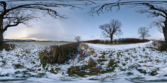 Snowy field near East Farndon at twilight 360° Panorama